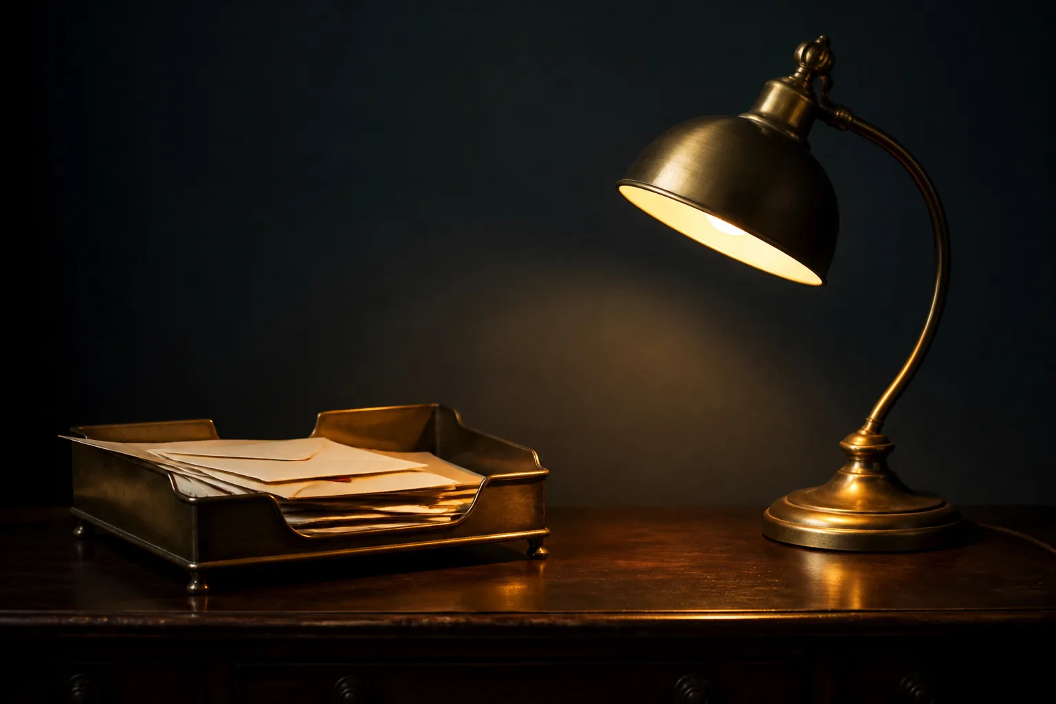 Escritorio oscuro con lámpara cálida y un sobre / Dark desk with warm lamp and an envelope