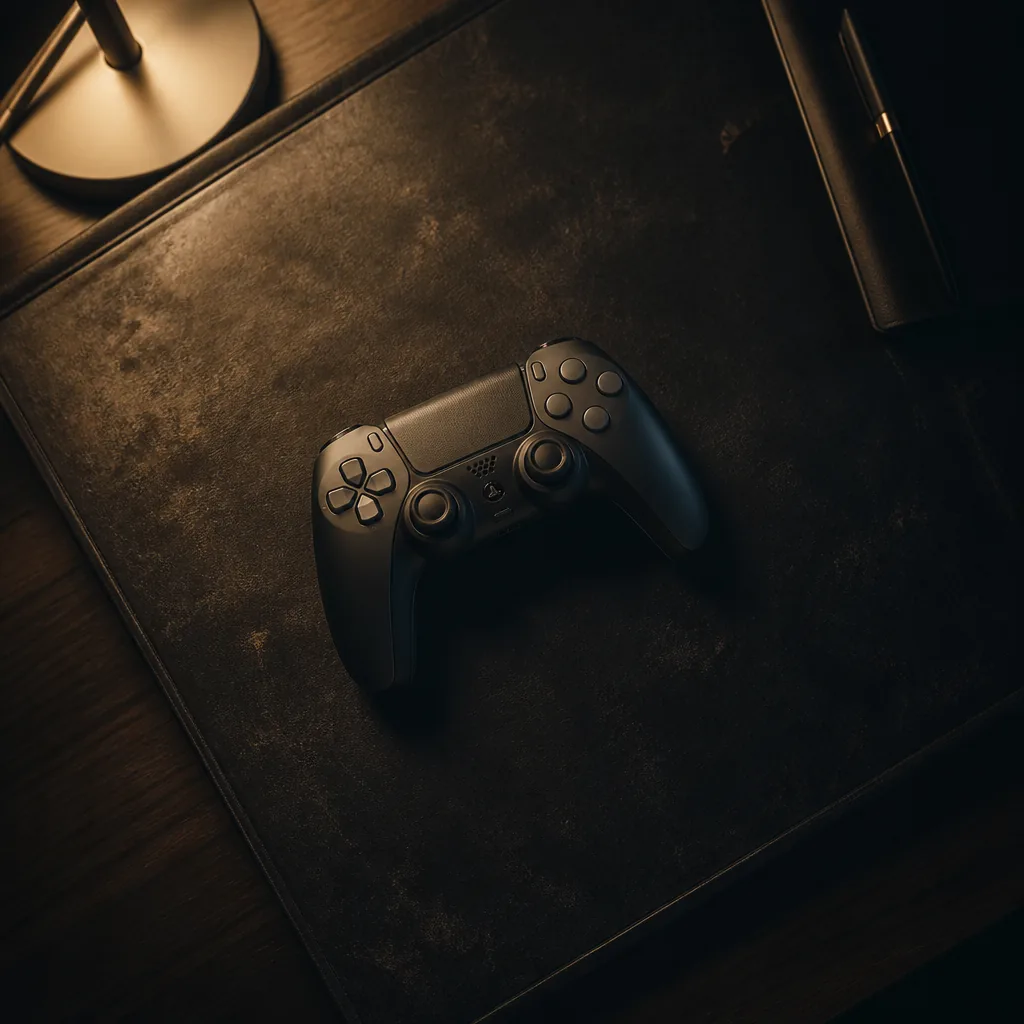 Control de videojuego sobre un escritorio de cuero oscuro / Game controller on a dark leather desk