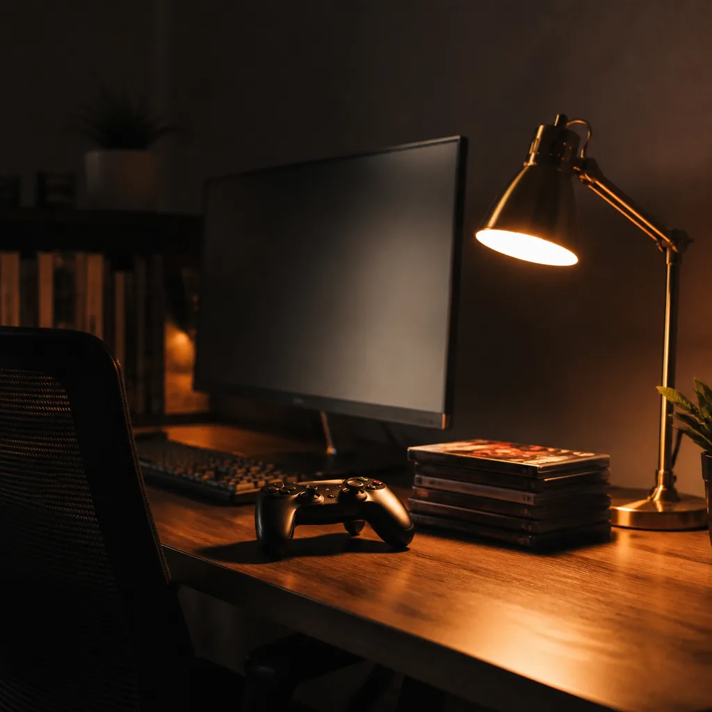 Escritorio de crítico de noche con luz cálida / Critic's night desk under warm light