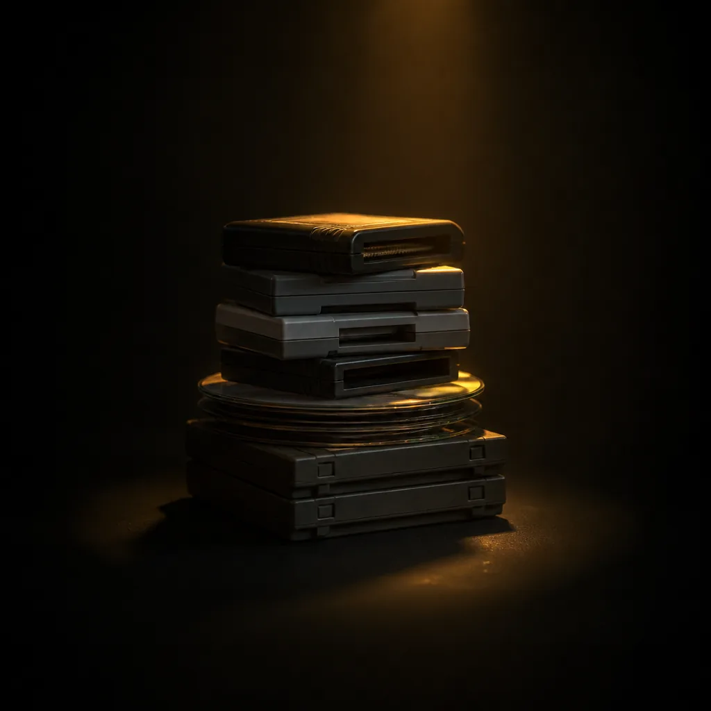 Pila de cartuchos y discos bajo un foco cálido / Stack of cartridges and discs under a warm spotlight