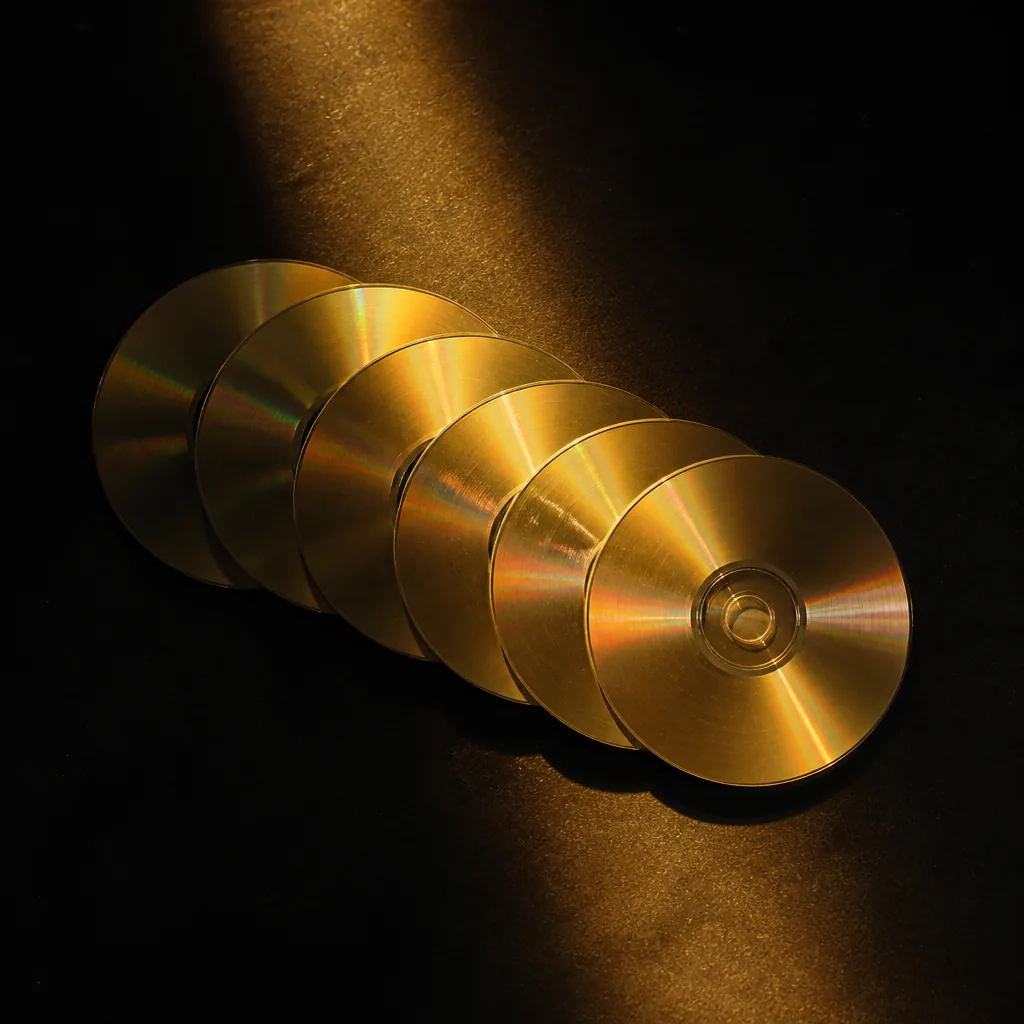 Discos de juego en fila bajo un haz dorado / Row of game discs under a golden beam