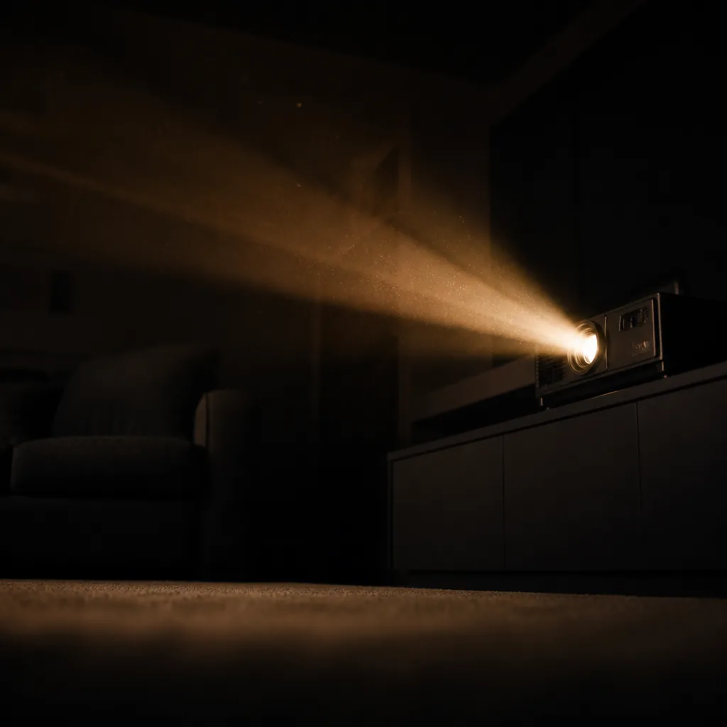 Haz de proyector dorado en una sala oscura / Golden projector beam in a dark room