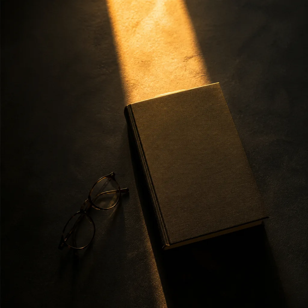 Portada de reseña, libro y lentes bajo luz cálida / Review cover, book and glasses under warm light